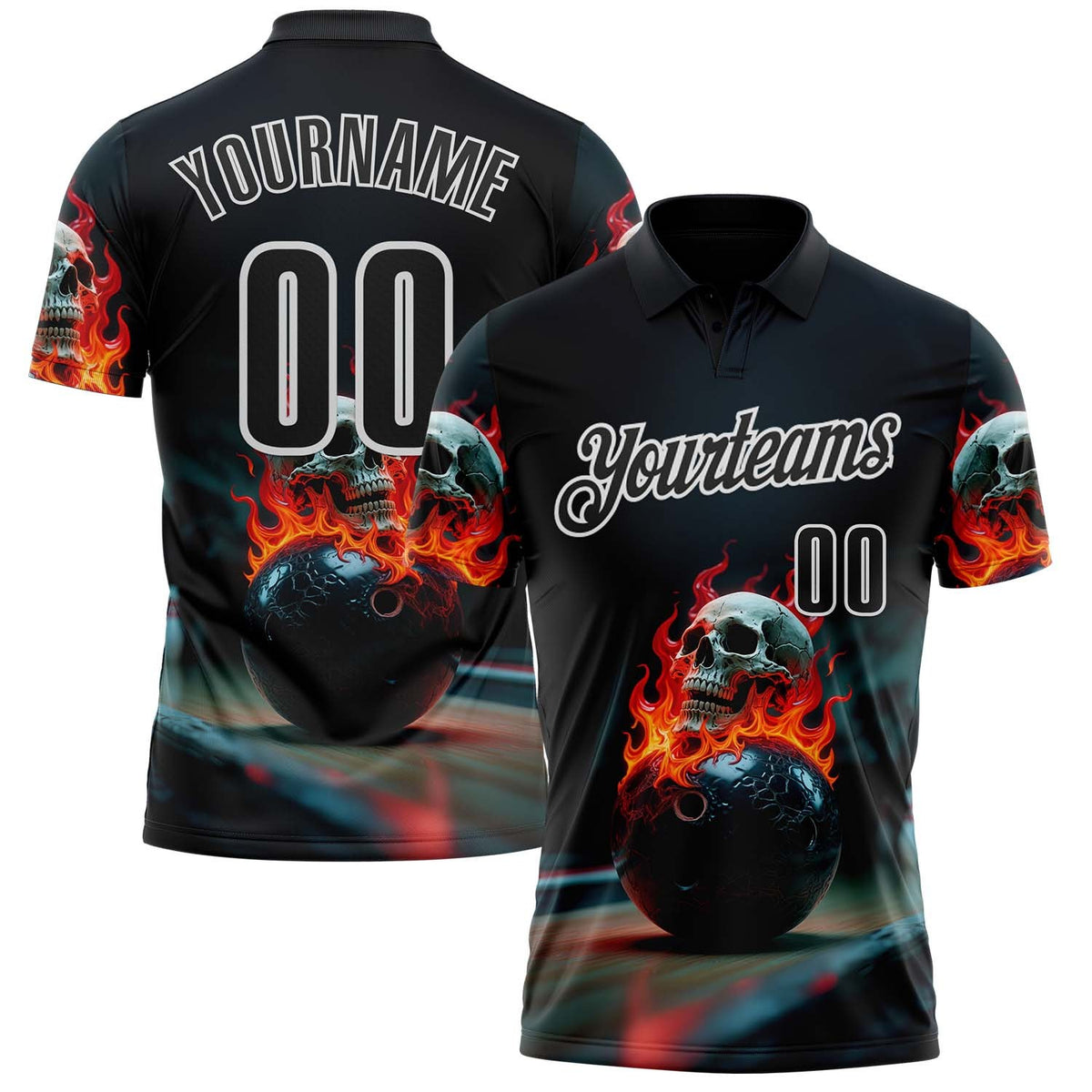 Custom Black White 3D Flame Skull Bowling Performance Polo Shirt photo 1