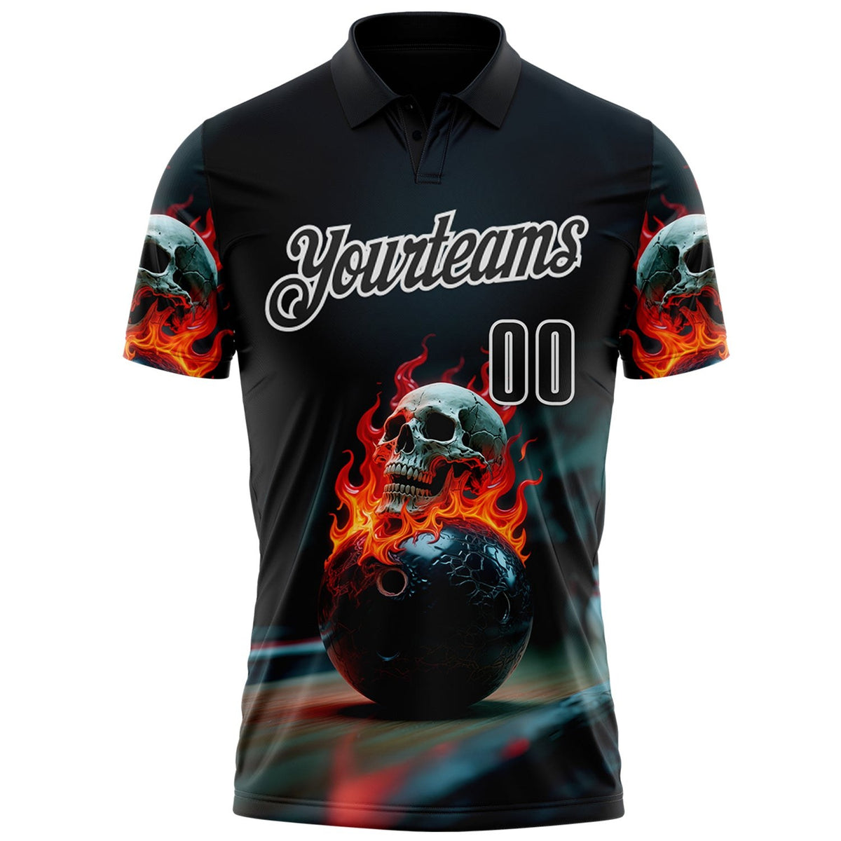 Custom Black White 3D Flame Skull Bowling Performance Polo Shirt photo 2