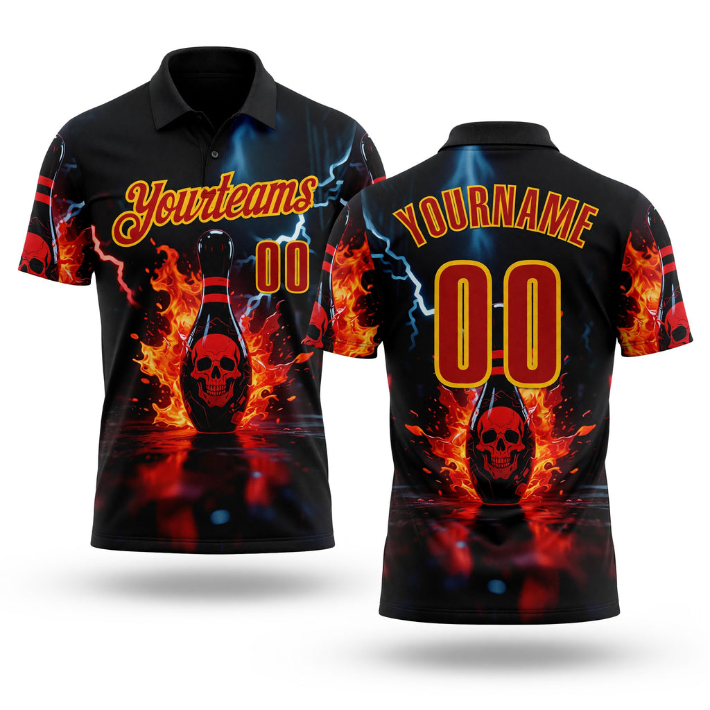 Custom Black Red-Yellow 3D Flame Lightning Skull Bowling Performance Polo Shirt