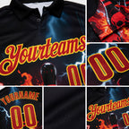 Custom Black Red-Yellow 3D Flame Lightning Skull Bowling Performance Polo Shirt detail