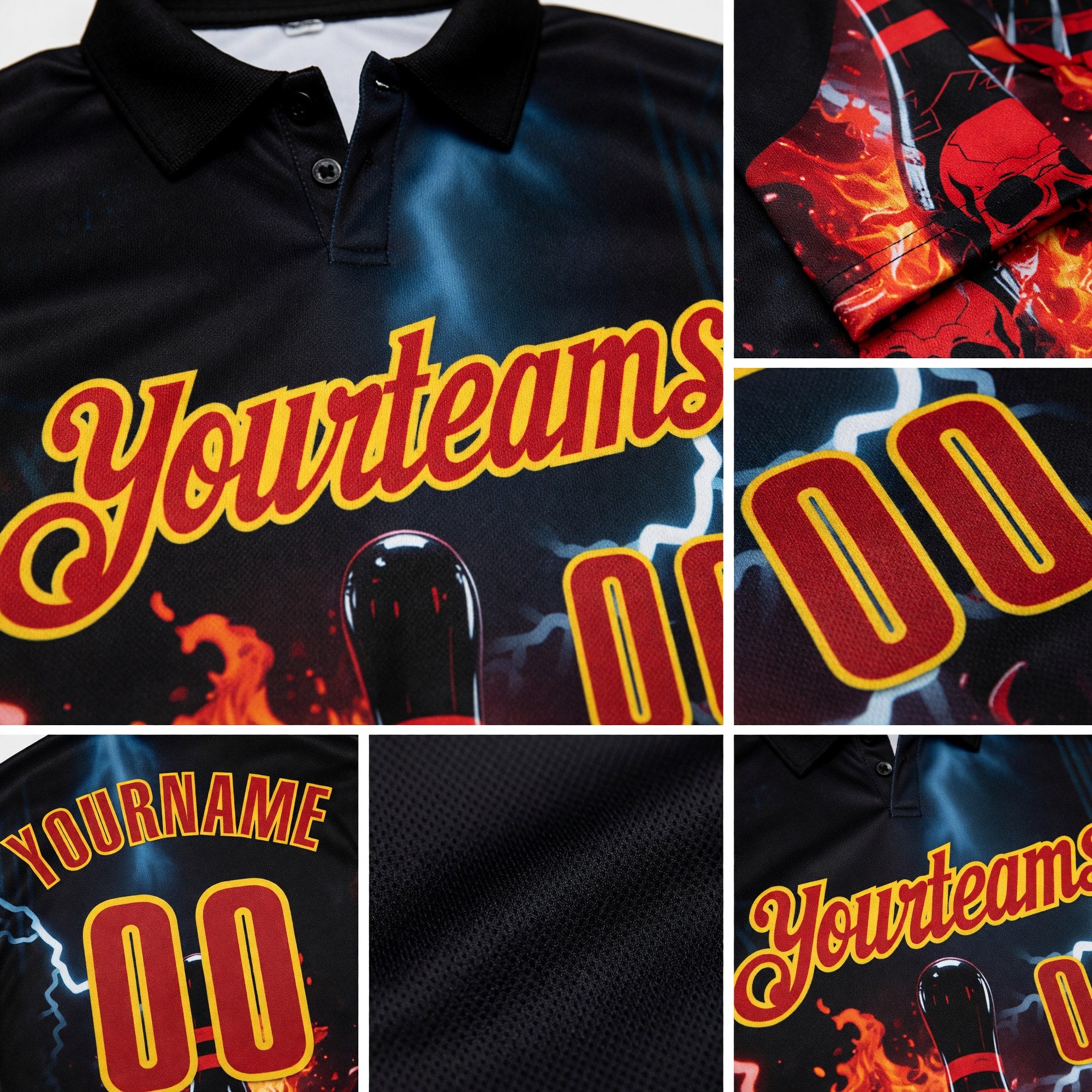 Custom Black Red-Yellow 3D Flame Lightning Skull Bowling Performance Polo Shirt detail