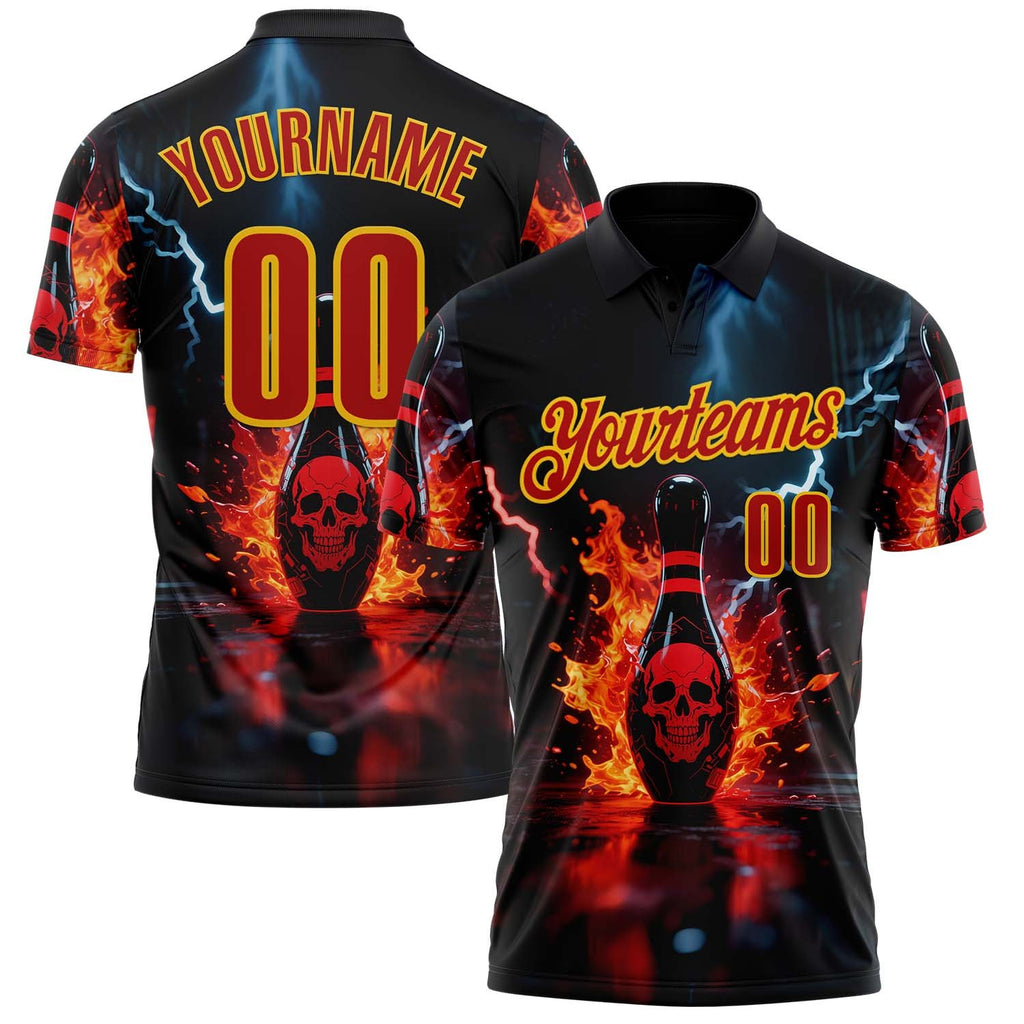 Custom Black Red-Yellow 3D Flame Lightning Skull Bowling Performance Polo Shirt photo 1