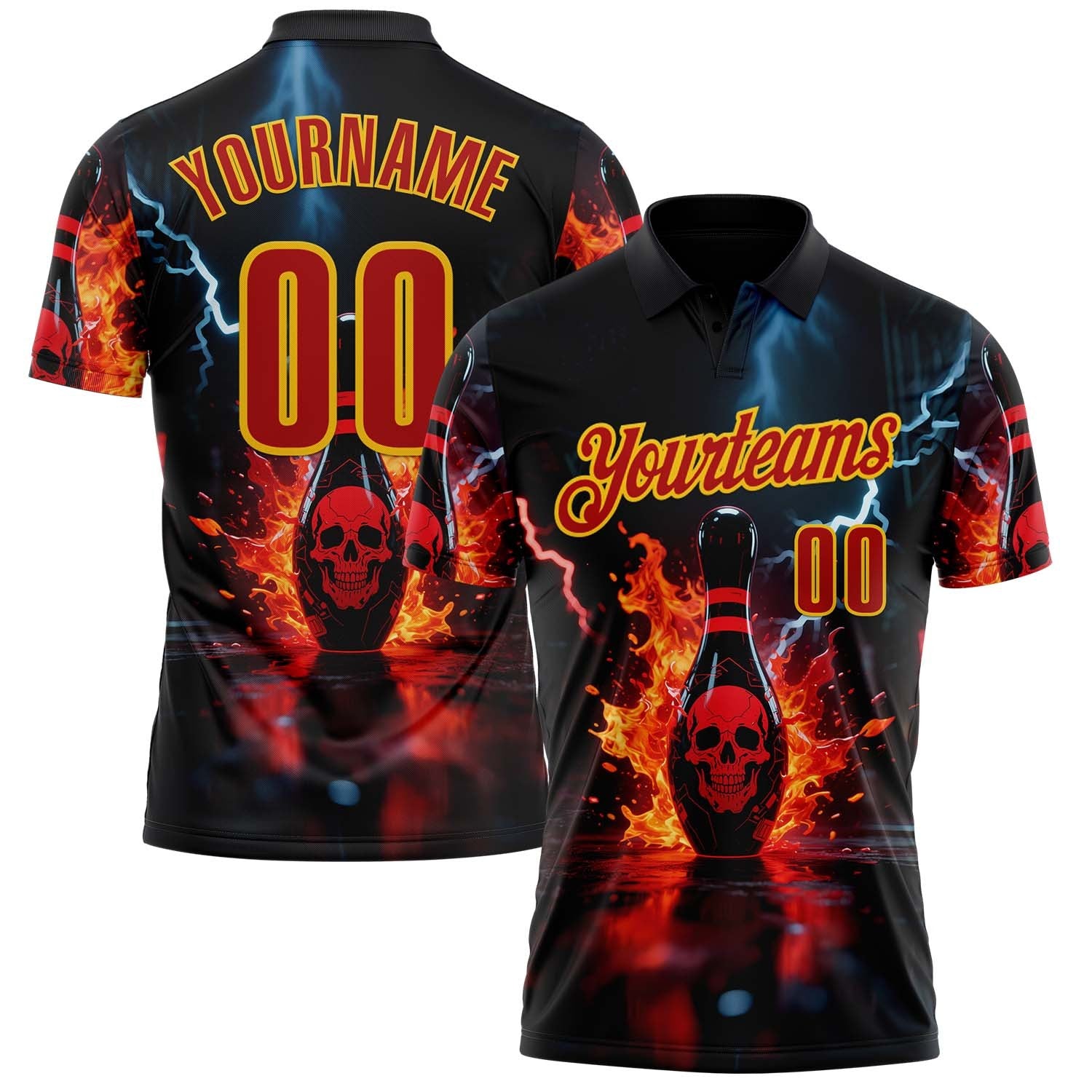 Custom Black Red-Yellow 3D Flame Lightning Skull Bowling Performance Polo Shirt photo 1