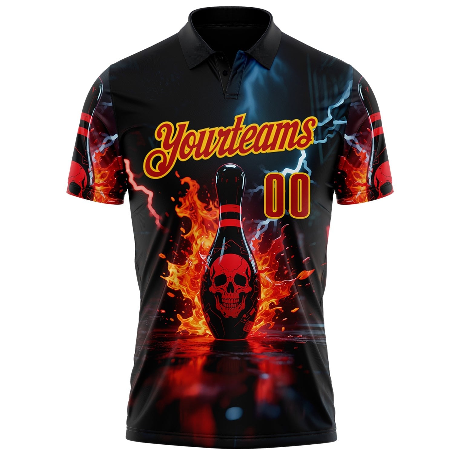 Custom Black Red-Yellow 3D Flame Lightning Skull Bowling Performance Polo Shirt photo 2