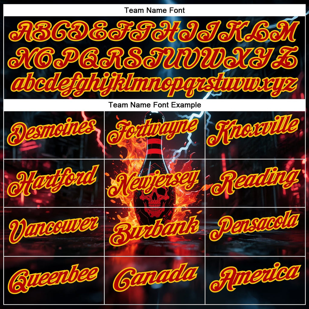 Custom Black Red-Yellow 3D Flame Lightning Skull Bowling Performance Polo Shirt photo 3