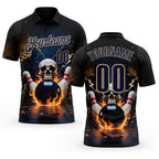 Custom Navy Vegas Gold 3D Flame Leopard Print Skull Bowling Performance Polo Shirt