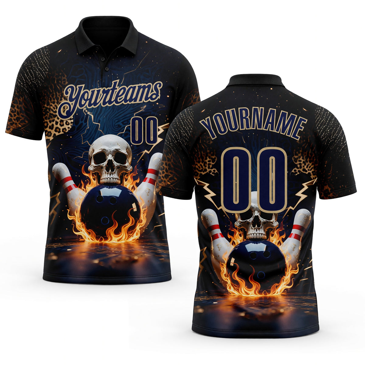 Custom Navy Vegas Gold 3D Flame Leopard Print Skull Bowling Performance Polo Shirt