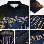 Custom Navy Vegas Gold 3D Flame Leopard Print Skull Bowling Performance Polo Shirt detail