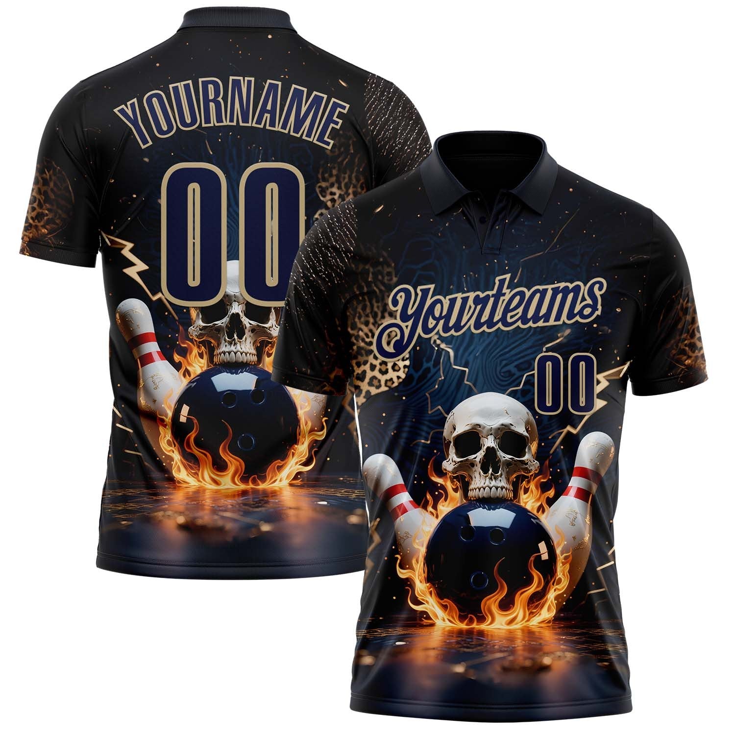 Custom Navy Vegas Gold 3D Flame Leopard Print Skull Bowling Performance Polo Shirt photo 1