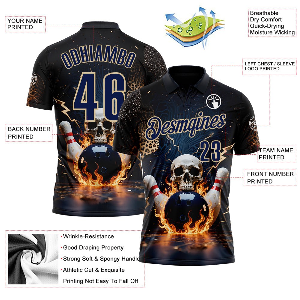 Custom Navy Vegas Gold 3D Flame Leopard Print Skull Bowling Performance Polo Shirt photo 3