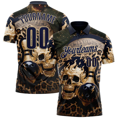 Custom Navy Leopard Print Metal Skull Bowling Polo with Vegas Gold Lettering
