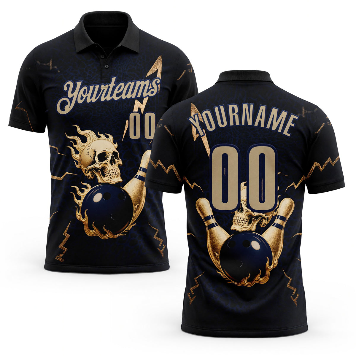Custom Navy Vegas Gold 3D Metal Skull Bowling Performance Polo Shirt