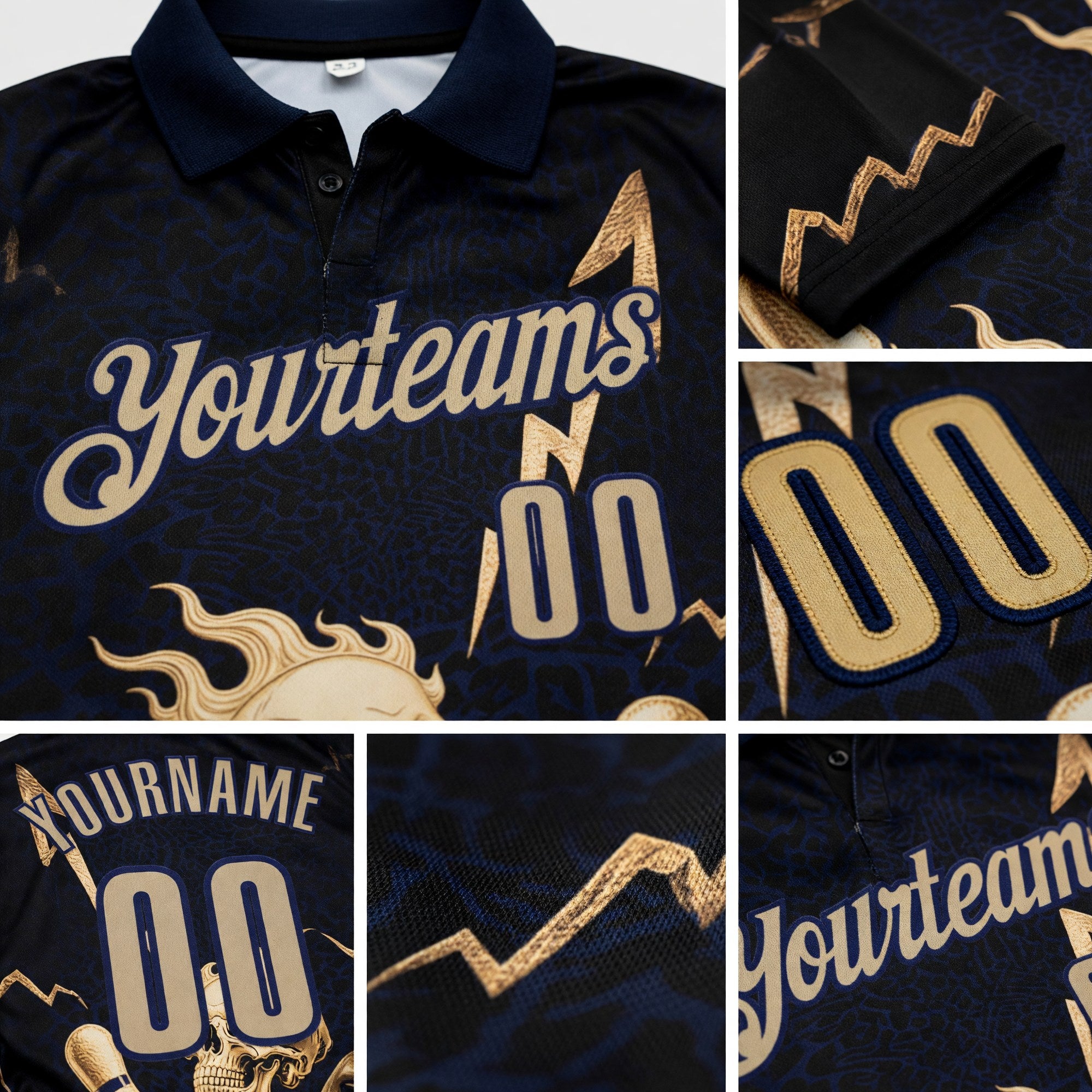 Custom Navy Vegas Gold 3D Metal Skull Bowling Performance Polo Shirt detail