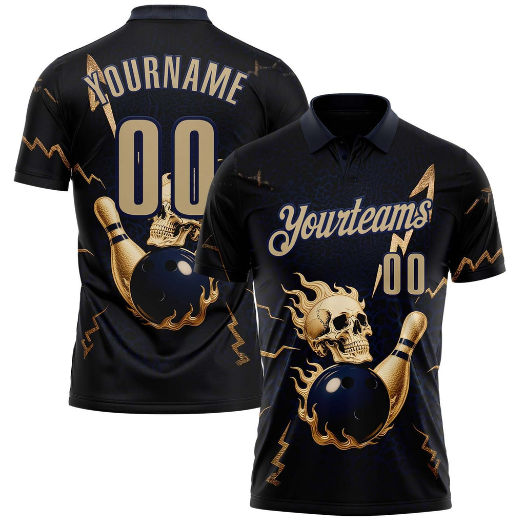 Custom Navy Vegas Gold 3D Metal Skull Bowling Performance Polo Shirt photo 1