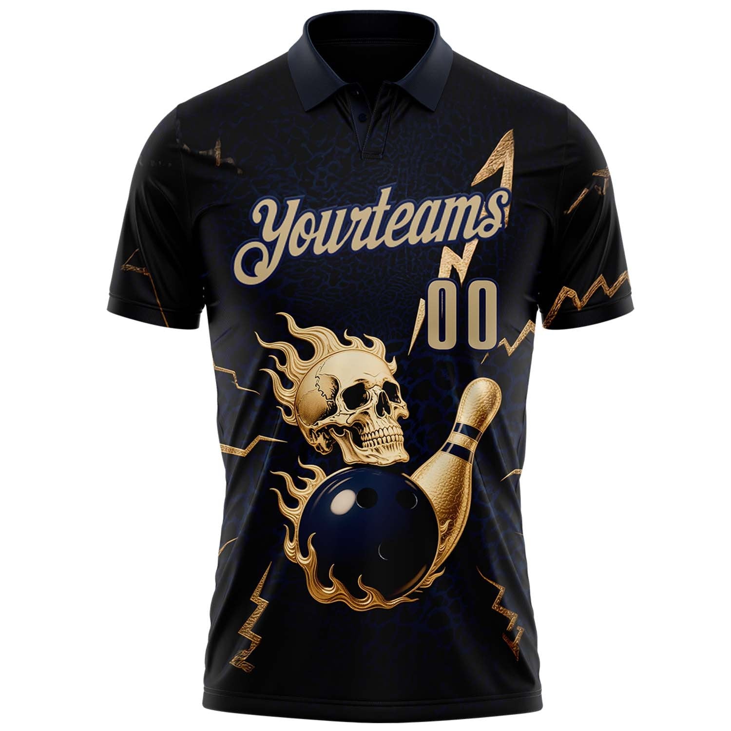 Custom Navy Vegas Gold 3D Metal Skull Bowling Performance Polo Shirt photo 2