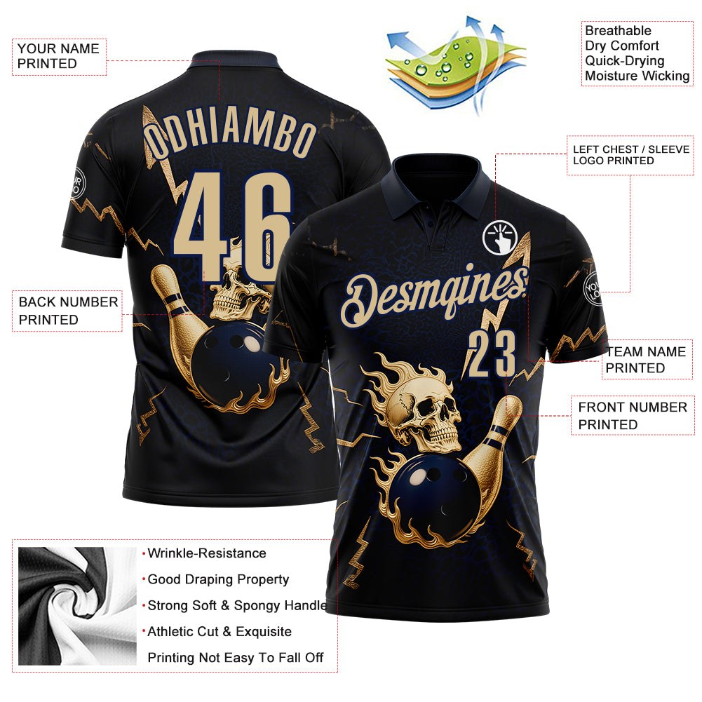 Custom Navy Vegas Gold 3D Metal Skull Bowling Performance Polo Shirt photo 3