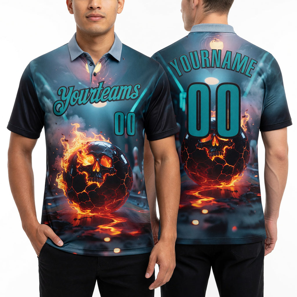 Custom Blue Teal-Black 3D Flame Skull Bowling Performance Polo Shirt worn front and back
