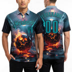 Custom Blue Teal-Black 3D Flame Skull Bowling Performance Polo Shirt worn front and back