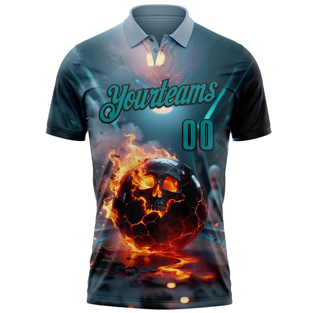 Custom Blue Teal-Black 3D Flame Skull Bowling Performance Polo Shirt photo 2