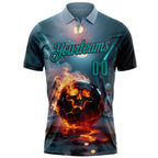 Custom Blue Teal-Black 3D Flame Skull Bowling Performance Polo Shirt photo 2