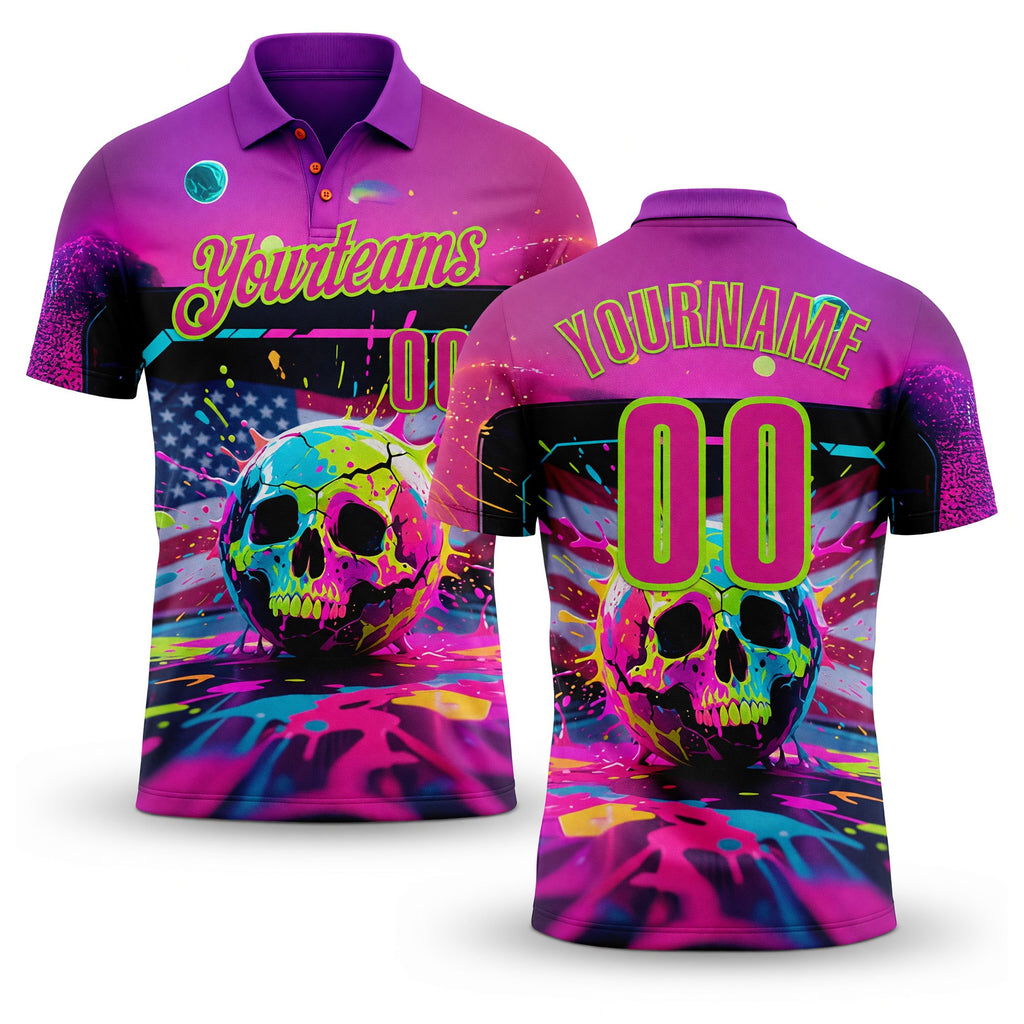 Custom Deep Pink Neon Green 3D American Flag Graffiti Splash Skull Bowling Performance Polo Shirt