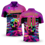 Custom Deep Pink Neon Green 3D American Flag Graffiti Splash Skull Bowling Performance Polo Shirt
