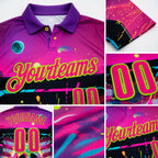 Custom Deep Pink Neon Green 3D American Flag Graffiti Splash Skull Bowling Performance Polo Shirt detail