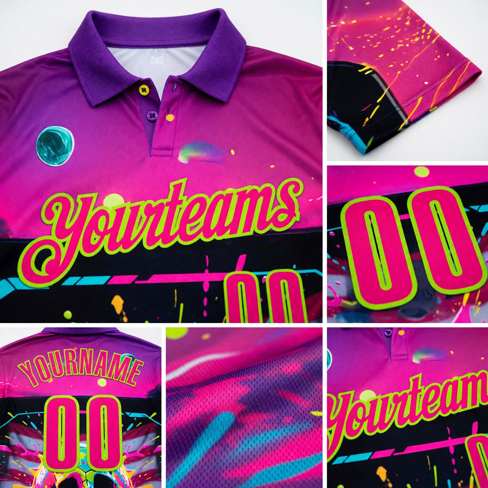 Custom Deep Pink Neon Green 3D American Flag Graffiti Splash Skull Bowling Performance Polo Shirt detail