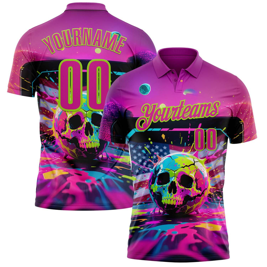 Custom Deep Pink Neon Green 3D American Flag Graffiti Splash Skull Bowling Performance Polo Shirt photo 1
