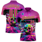 Custom Deep Pink Neon Green 3D American Flag Graffiti Splash Skull Bowling Performance Polo Shirt photo 1