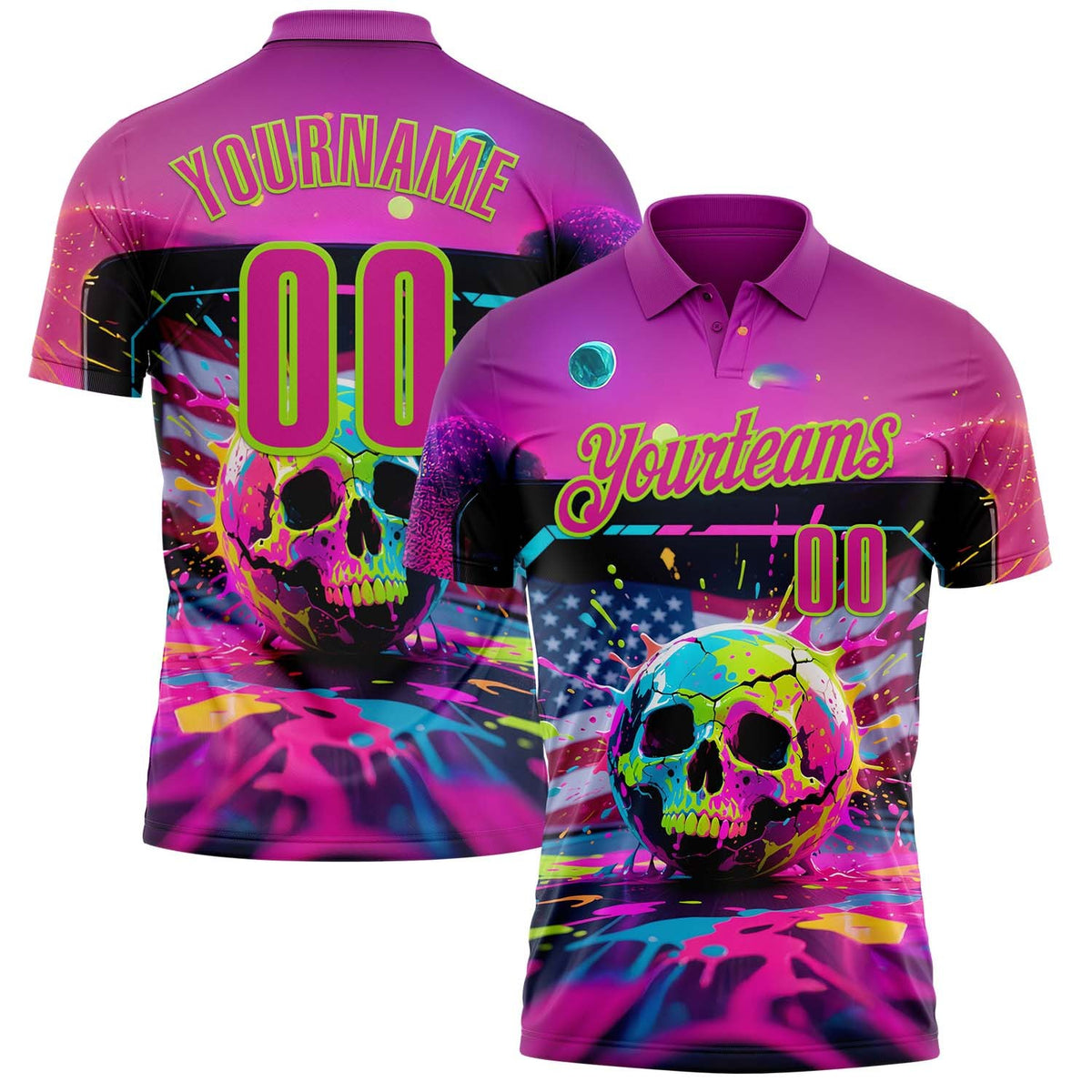 Custom Deep Pink Neon Green 3D American Flag Graffiti Splash Skull Bowling Performance Polo Shirt photo 1