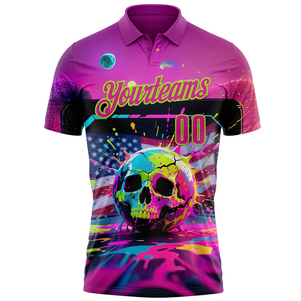 Custom Deep Pink Neon Green 3D American Flag Graffiti Splash Skull Bowling Performance Polo Shirt photo 2