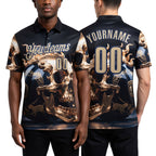 Custom Navy Vegas Gold 3D Metal Skull Bowling Performance Polo Shirt worn front and back