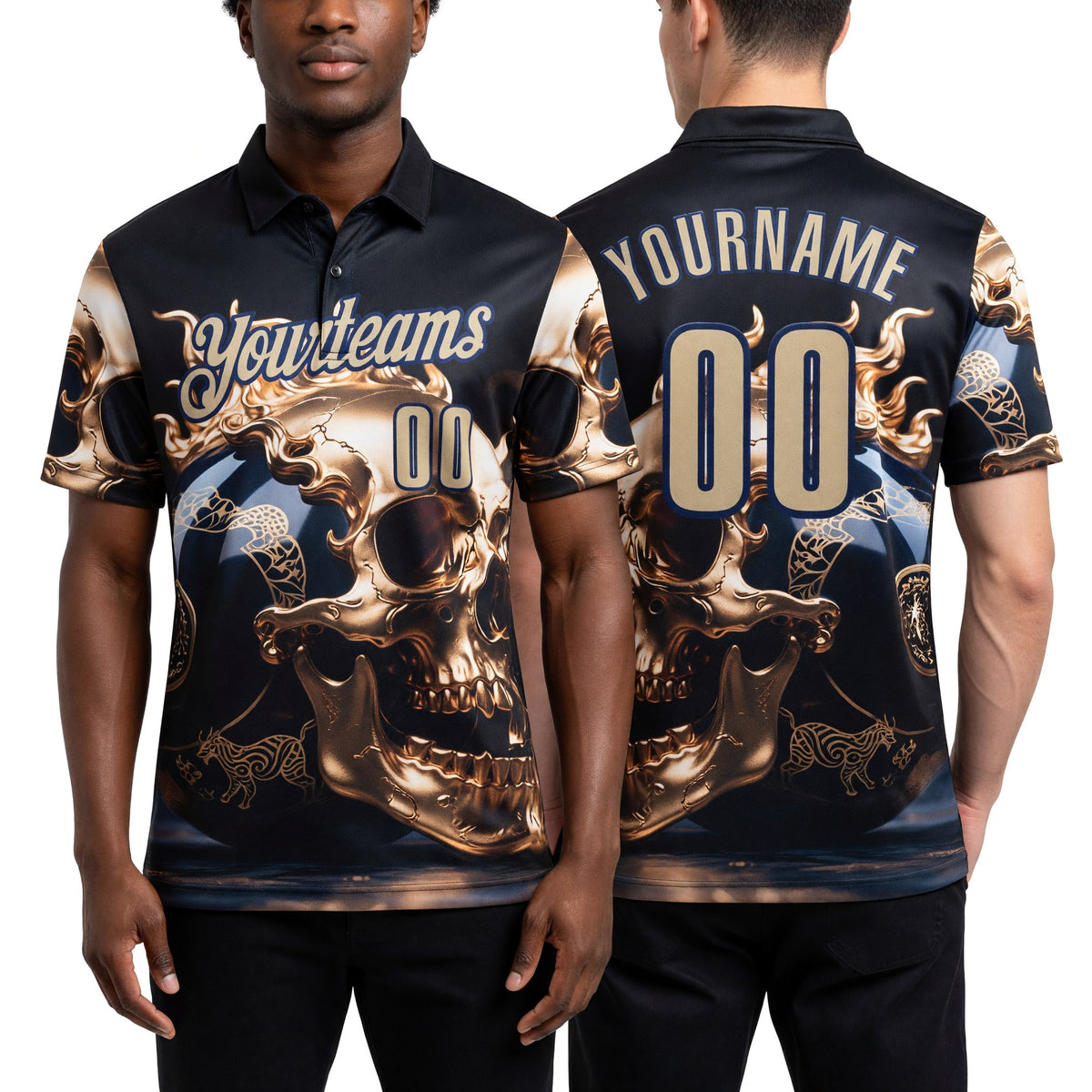 Custom Navy Vegas Gold 3D Metal Skull Bowling Performance Polo Shirt worn front and back