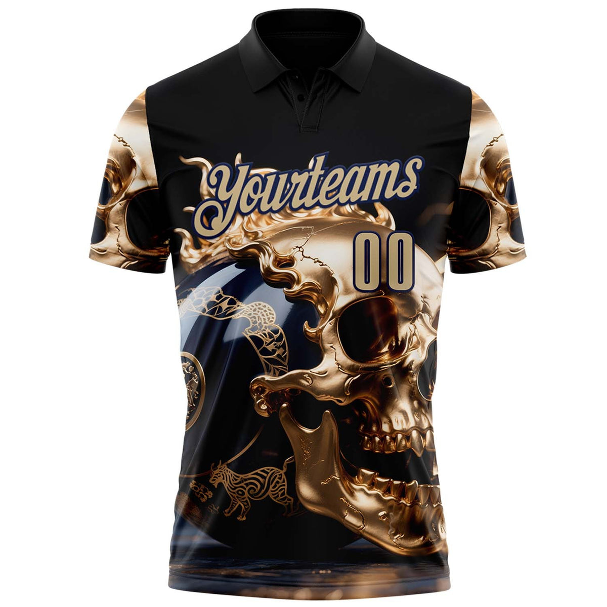 Custom Navy Vegas Gold 3D Metal Skull Bowling Performance Polo Shirt photo 2