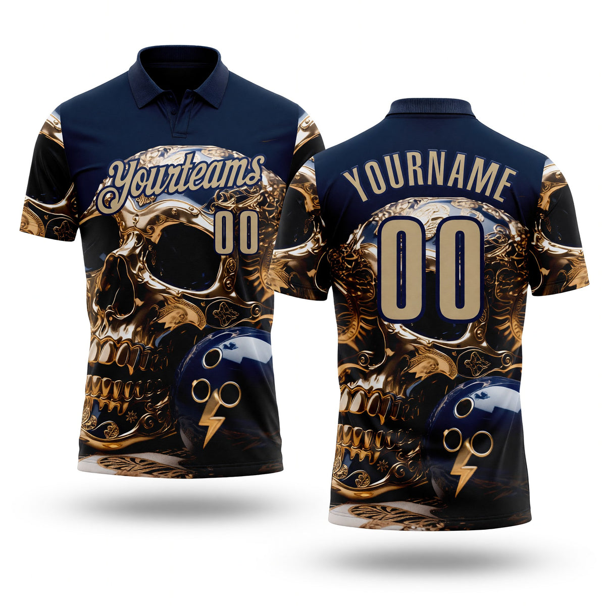 Custom Navy Vegas Gold 3D Metal Skull Bowling Performance Polo Shirt