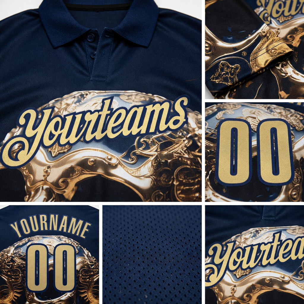 Custom Navy Vegas Gold 3D Metal Skull Bowling Performance Polo Shirt detail