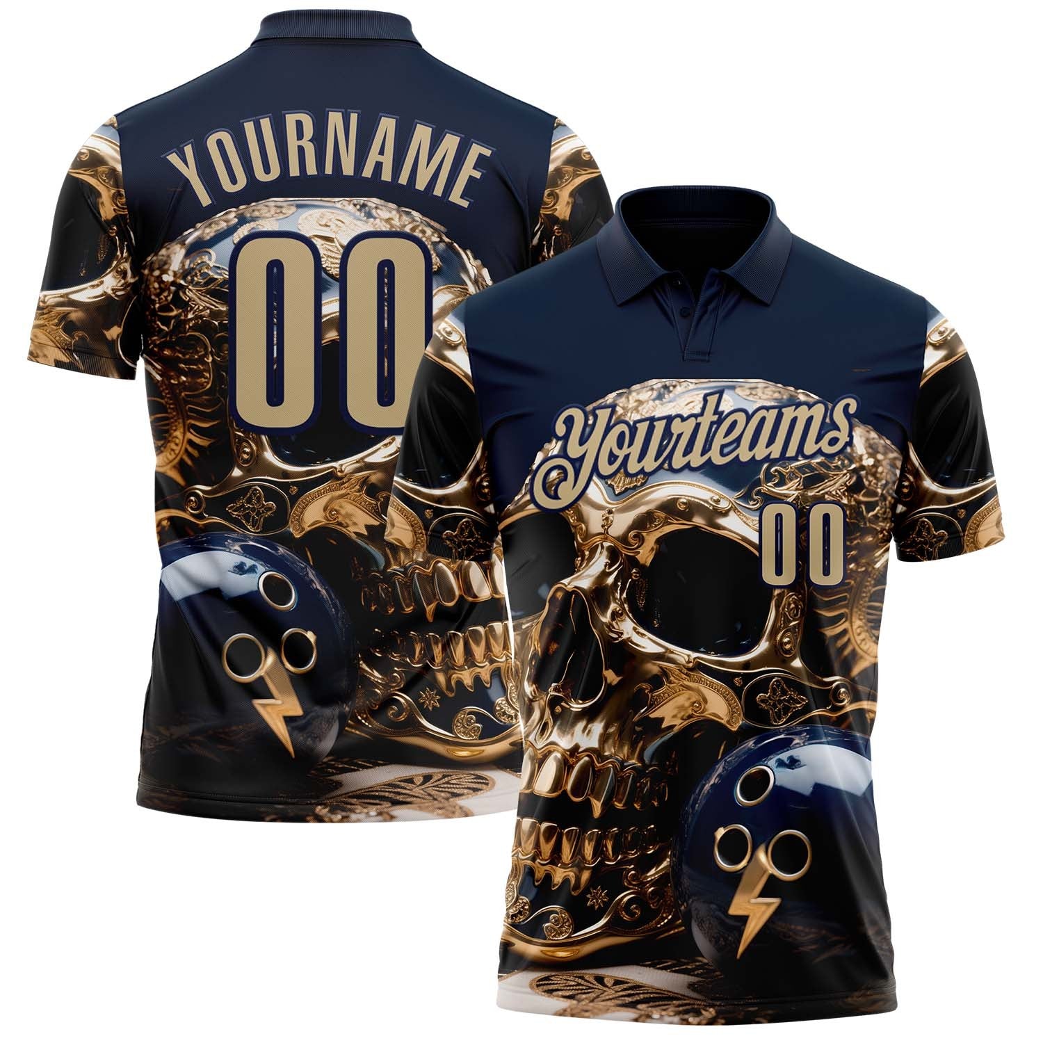 Custom Navy Vegas Gold 3D Metal Skull Bowling Performance Polo Shirt photo 1