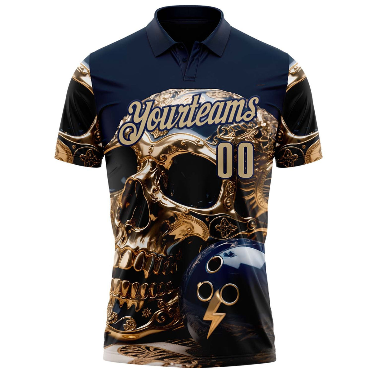 Custom Navy Vegas Gold 3D Metal Skull Bowling Performance Polo Shirt photo 2