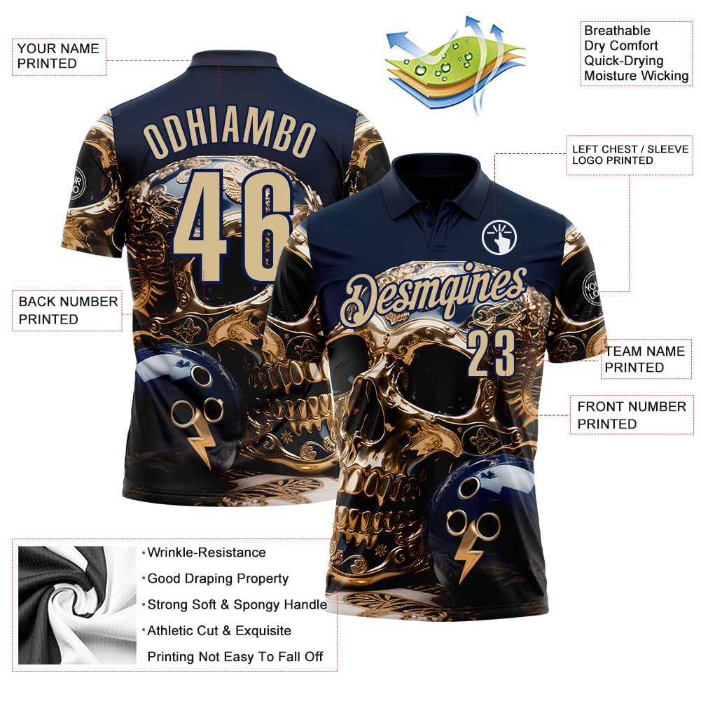 Custom Navy Vegas Gold 3D Metal Skull Bowling Performance Polo Shirt photo 3