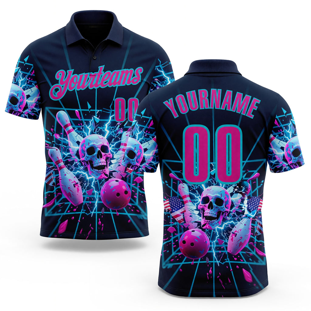 Custom Navy Deep Pink-Lakes Blue 3D American Flag Splash Lightning Skull Bowling Performance Polo Shirt