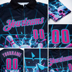 Custom Navy Deep Pink-Lakes Blue 3D American Flag Splash Lightning Skull Bowling Performance Polo Shirt detail