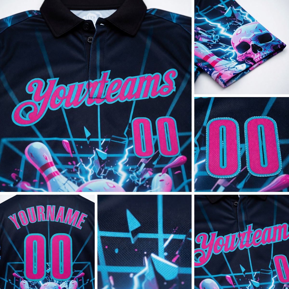 Custom Navy Deep Pink-Lakes Blue 3D American Flag Splash Lightning Skull Bowling Performance Polo Shirt detail