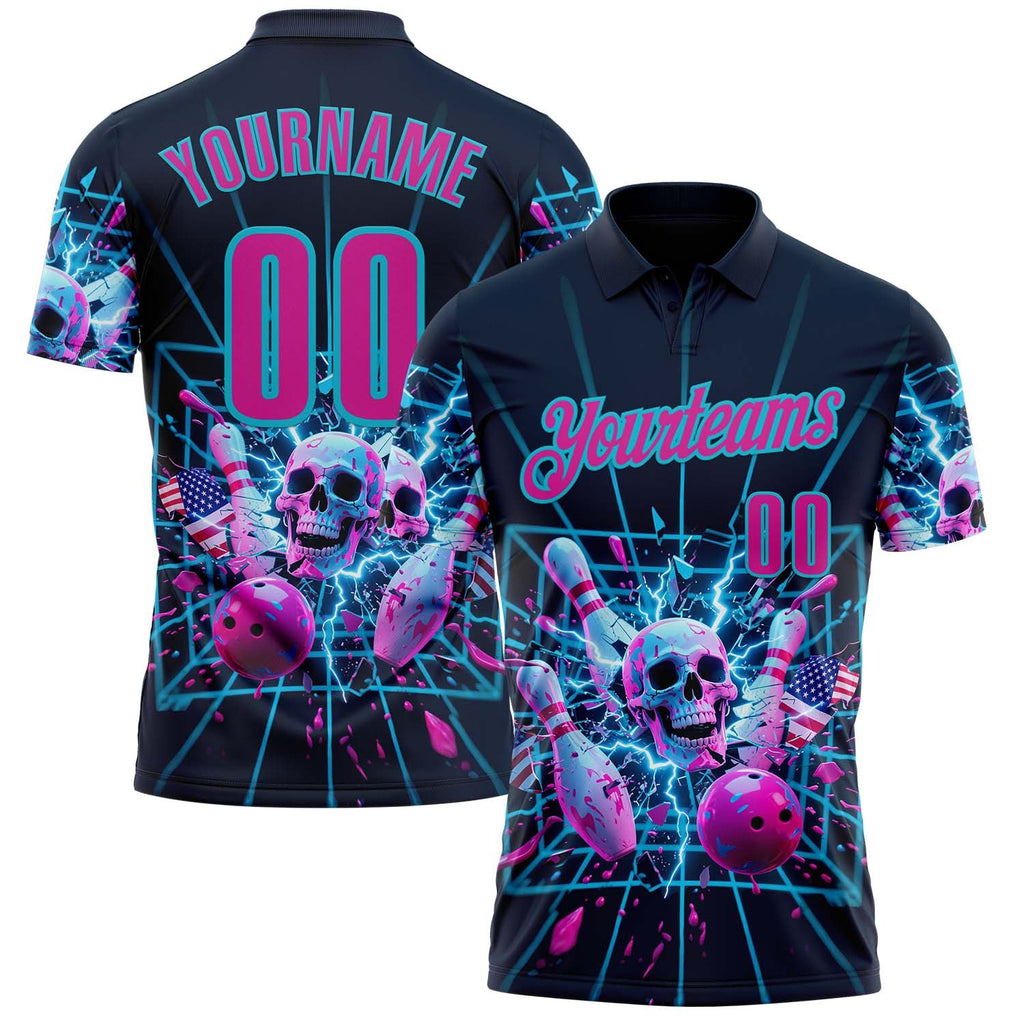 Custom Navy Deep Pink-Lakes Blue 3D American Flag Splash Lightning Skull Bowling Performance Polo Shirt photo 1