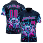 Custom Navy Deep Pink-Lakes Blue 3D American Flag Splash Lightning Skull Bowling Performance Polo Shirt photo 1