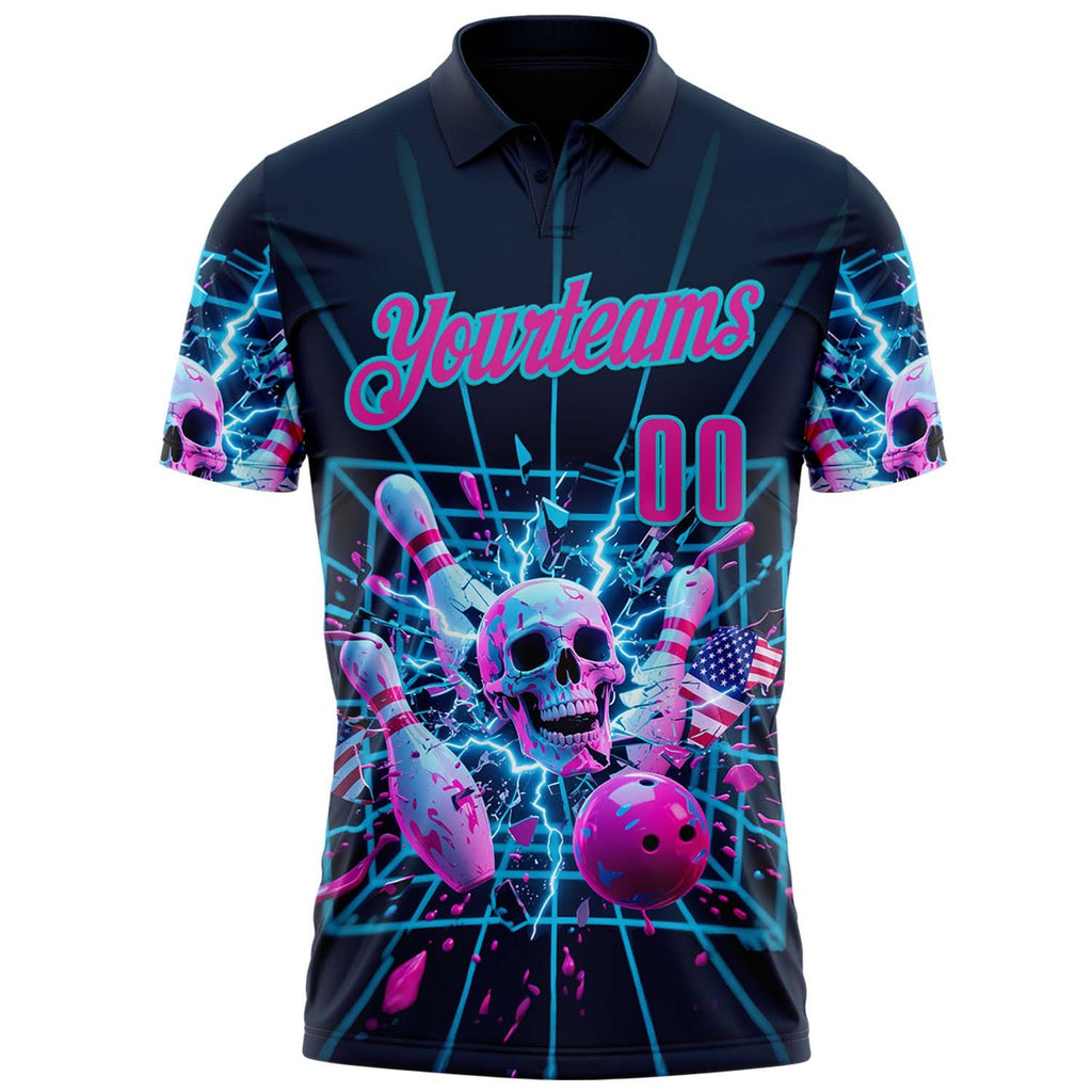 Custom Navy Deep Pink-Lakes Blue 3D American Flag Splash Lightning Skull Bowling Performance Polo Shirt photo 2