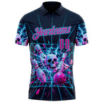 Custom Navy Deep Pink-Lakes Blue 3D American Flag Splash Lightning Skull Bowling Performance Polo Shirt photo 2
