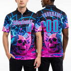 Custom Navy Sky Blue-Deep Pink 3D American Flag Splash Lightning Skull Bowling Performance Polo Shirt worn front and back
