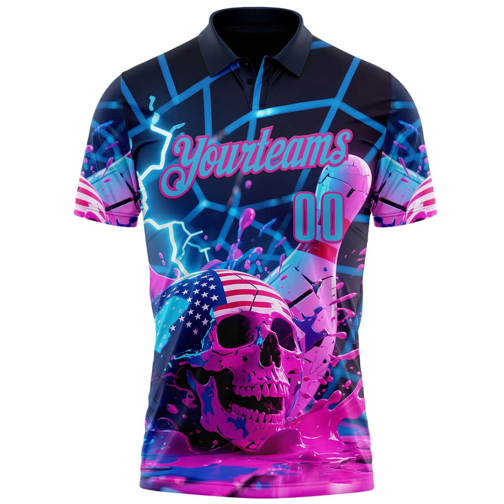 Custom Navy Sky Blue-Deep Pink 3D American Flag Splash Lightning Skull Bowling Performance Polo Shirt photo 2