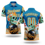 Custom Blue Ice Blue-Bay Orange 3D Floral Leopard Print Flame Skull Bowling Performance Polo Shirt